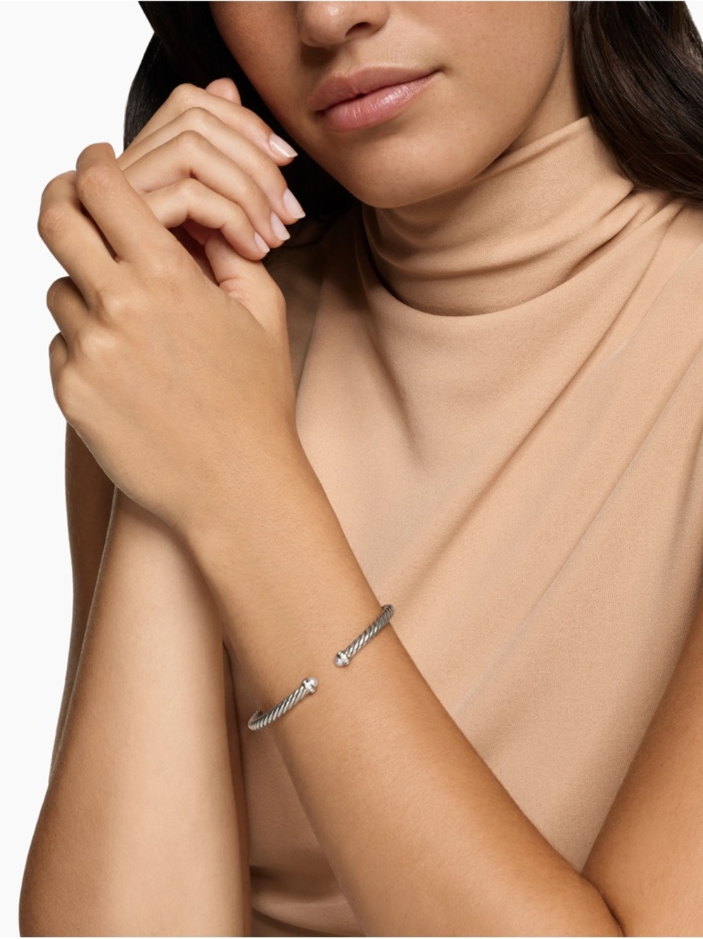 David Yurman Silver Cable Cuff with Pearl End Caps & Diamonds - Picture 5 of 11